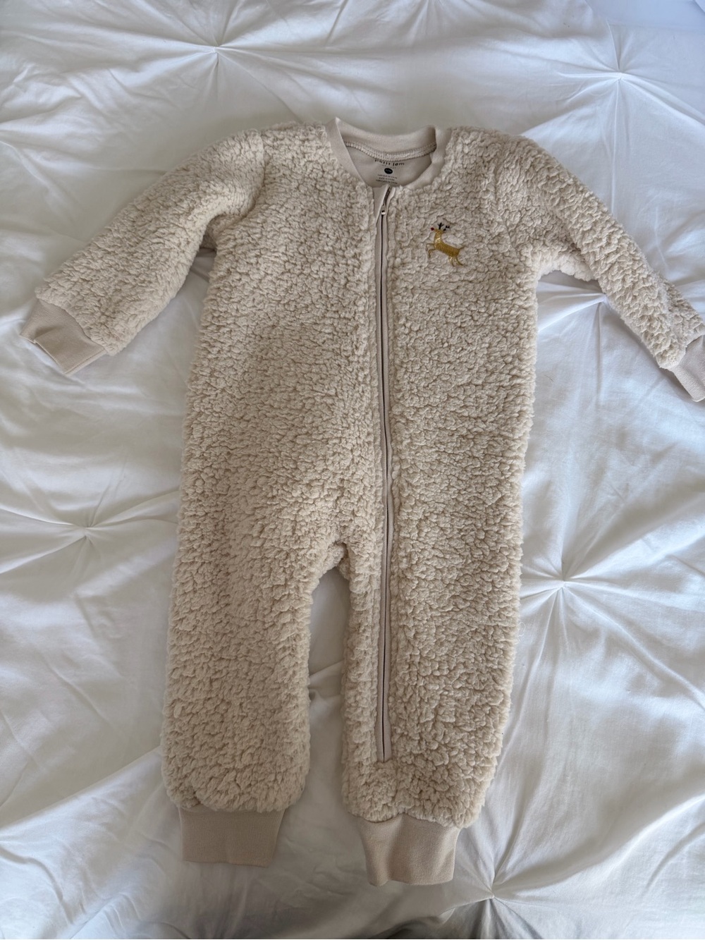 Petit Lem Cream Sherpa One-Piece Zippered Sleepsuit with Deer Motif